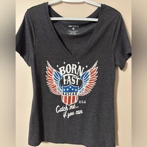 Nascar Charcoal V-Neck Tee with Red, White & Blue Winged Crest